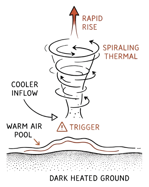 Dark ground heating a thin air layer that pools at the surface, then erupts upward as a spiraling column while cooler air rushes in from the sides